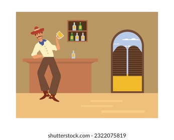 Male cowboy in a hat, boots, standing and leaning a table with holding a glass of beer in a cityside tavern. Interior of old west saloon. Vector flat illustration