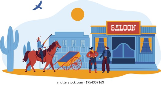 Male cowboy on horseback, wild west salon, desert village house, traditional city bar, design cartoon style vector illustration.
