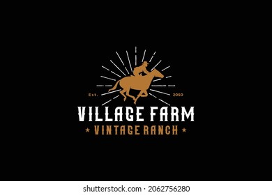 Male Cowboy Riding Horse Run Silhouette at Sunset Sun sunsie Spark light Moon logo design illustration