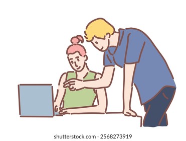 A male coworker is teaching a young woman who is working at a computer how to work. Hand drawn style vector design illustrations.