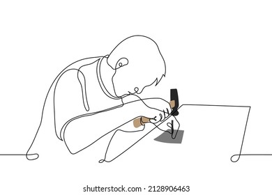 male craftsman knocks and hammer rod standing piece material    one line drawing vector  concept businessman artisan in the process making handmade goods  making clothes shoes by hand 