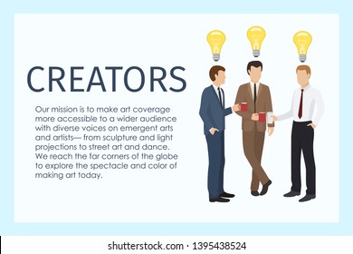 Male creators standing together with cups of coffee banner vector illustration. Lamp as sign of idea. Workers in formal suits having break. People having discussion in team