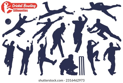 Male Cricket Player Bowling Silhouettes Vector Illustration Pack