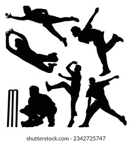 Paquete de Ilustración del Vector de Silhouettes para Jugador de Cricket Masculino