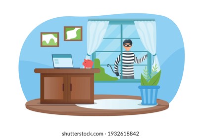 Male criminal in mask is looking through window planning to break in. Burglar watching before break in an unprotected apartment, not guarded empty room. Flat cartoon vector illustration