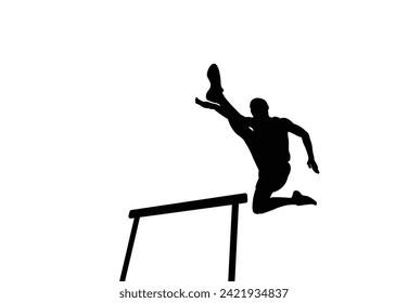 Male cross-legged runner. Runner crossing obstacles, male silhouette. Vector. Isolated male runner.