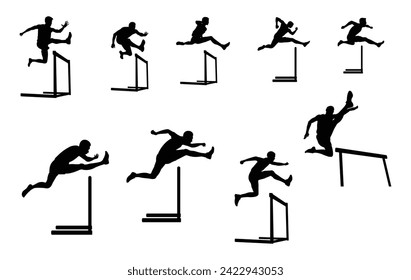 Male cross-legged runner. running over obstacles men Set of isolated vector silhouettes of male runners.
