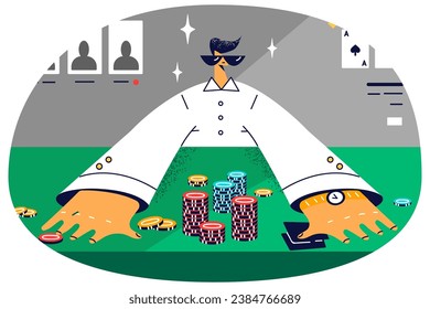 Male croupier sitting at desk in casino. Man in glasses playing poker at table. Gambling and card games. Vector illustration.