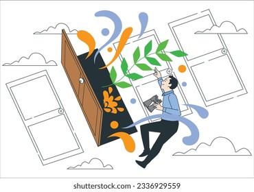 Male curiosity concept. flying man looks at flowers from door. Fantasy and imagination, mental health and psychology. Positivity and optimism. Poster or banner. Cartoon flat vector illustration. 2161