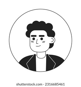 Male curly brunette employee monochrome flat linear character head. Office worker man portrait. Editable outline hand drawn human face icon. 2D cartoon spot vector avatar illustration for animation