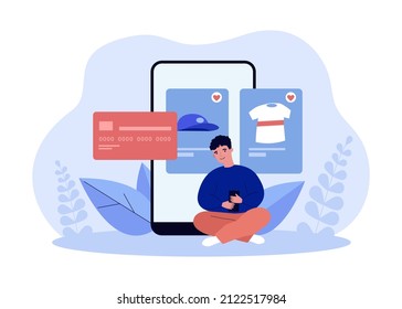 Male customer buying clothes online using credit card. Giant cellphone in background flat vector illustration. Online shopping, ecommerce, marketing concept for banner, website design or landing page