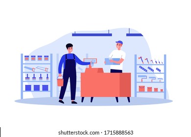 Male customer buying construction tools in store. Man standing at cash register counter and paying cash. Vector illustration for hardware construction shop, building worker, home repair concept