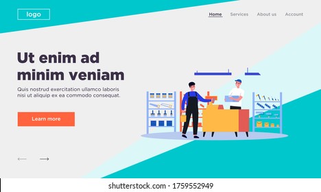 Male customer buying construction tools in store. Man standing at cash register counter and paying cash. Vector illustration for hardware construction shop, building worker, home repair concept