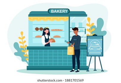 Male customer buying fresh bread in a small bakery. Concept of people shopping in the bakery and shop assistants selling fresh bread to customers. Flat cartoon vector illustration