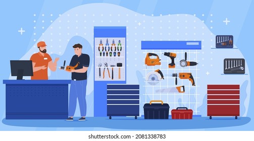 Male customer buying perforator at tool shop consulting with seller cashier counter vector flat cartoon illustration. Buyer and salesman at repair instrument store showcase interior. Renovation retail