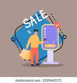 Male customer buying products in cashierless shop flat vector illustration. People with shopping bags paying via self checkout. Shopping, modern technology, sale concept for banner or web design