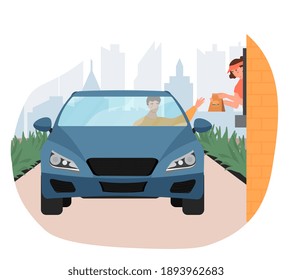 Male customer in car holds out his hand to take his order from restaurant employee at the drive thru. Female employee leaning out of the window to handle the order. Flat cartoon vector illustration