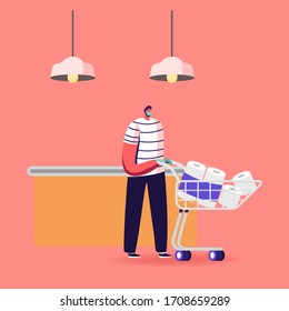 Male Customer Character Stand in Grocery or Supermarket with Toilet Paper in Shopping Trolley. Man Visiting Store for Products Purchase during Covid19 Pandemic Quarantine. Cartoon Vector Illustration