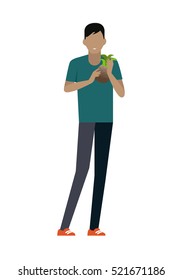 Male customer character vector template. Flat design. Buyer in grocery shop. Smiling man with pineapple in hands standing on white background. Consumer choice and shopping in mall concept.    