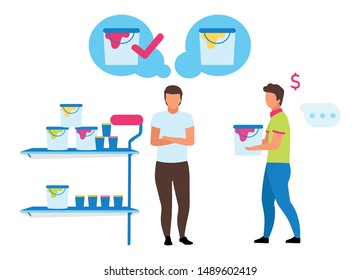 Male customer choosing paint flat vector illustration. Shop assistant helping buyer making purchases in hardware store cartoon characters. House renovation and reconstruction. Apartment wall painting