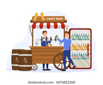 El cliente masculino está recibiendo cerveza en el puesto de cerveza. Concepto de producción artesanal de cerveza y proceso de elaboración. La cerveza se conserva en nevera y barriles. Ilustración vectorial de dibujos animados planos