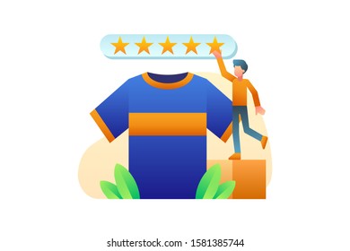 A Male Customer Gives 5 Stars Review And Rating To The Product Or Store Where He Bought The Clothes. E-commerce Vector Illustration For Background And Banner Element 