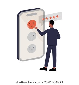 Male Customer Giving Five Star Rating On Smartphone Screen In Flat Vector Illustration Symbolizing Customer Satisfaction, Feedback, And Online Reviews, Isolated On White Background.