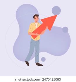 Male customer holding big arrow and pointing up. Business, special offer, shopper flat vector illustration. Shopping, advertising, growth concept for banner, website design or landing web page