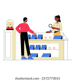 Male Customer Interacting With Female Shop Assistant In Jewelry Store In Flat Vector Illustration Symbolizing Retail Interaction, Shopping Experience, And Customer Service, Isolated On White