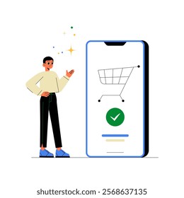 Male Customer Pointing At Smartphone Shopping Cart In Flat Vector Illustration Symbolizing Online Shopping, Digital Retail, And Mobile Purchases, Isolated On White Background