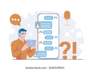 Male customer service agent with headset holding tablet, chatting via large mobile device interface, speech bubbles and icons around, on abstract background. Flat cartoon vector illustration
