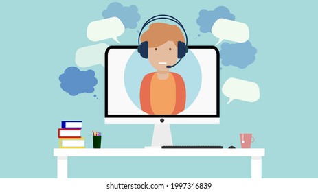 Male customer service representative on laptop screen with headphones and microphone. Customer service and techinal support concept. Call center, customer service, online help, consulting service.