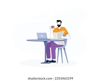a male customer is sitting reading a newspaper, at the table there is also a laptop and is enjoying a cup of coffee
flat design, vector illustration