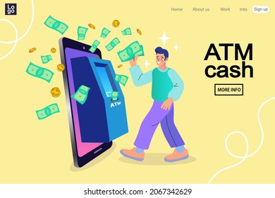 A male customer standing near an ATM. Vector illustration, perform financial transactions using ATM. online banking and payment concept. money transfers. Falling Money on the mobile.