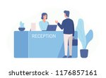 Male customer standing at reception desk and talking to female receptionist. Scene of visit to service center isolated on white background. Colorful vector illustration in flat cartoon style.