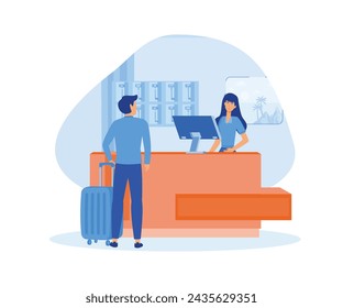 Male customer standing at reception desk and talking to female receptionist. Scene of visit to service center. flat vector modern illustration 