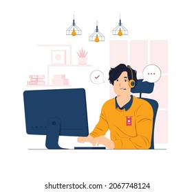 Male customer support phone operator with headset working in call center concept illustrations