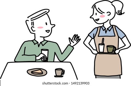 Male customer talking to cheerful waitress who holding a beverage tray. Cute waitress with apron holding tray of drink and waiting for food order from male patron. Server taking order from patron.