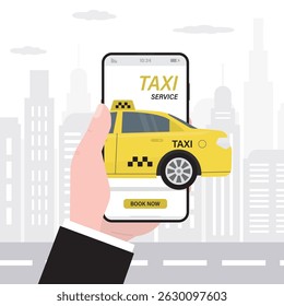 Male customer uses mobile phone for ordering taxi, online pp. smartphone user interface with transportation service. Yellow cab, passenger vehicle, digital technology. flat vector illustration