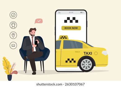 Male customer uses mobile phone for ordering taxi, online app. smartphone user interface with transportation service. Yellow cab, passenger vehicle, digital technology. flat vector illustration
