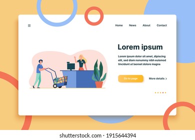 Male customer wheeling shopping cart to cash register. Cashier, checkout, person buying food flat vector illustration. Grocery store, supermarket concept for banner, website design or landing web page