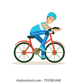 Male cyclist character riding bicycle, active sport lifestyle vector Illustration