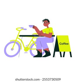 Male Cyclist Drinking Coffee In Flat Vector Illustration Symbolizing Relaxation, Outdoor Activities, And Cafe Culture, Isolated On White Background.