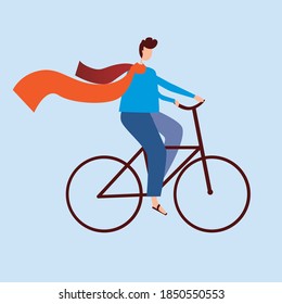 Male cyclist isolated. Flat vector stock illustration. The cyclist is riding. Eco transport, cycling, activity concept. Cyclist illustration. Modern man in a scarf rides a bicycle