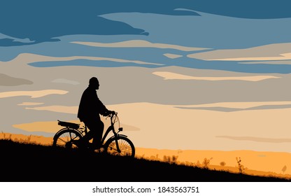 Male cyclist on the e-bike or electric bicycle on the sunset background slides down the hill. Silhouette of the old man in profile. Active pension. Travel. Sport. Vector illustration.