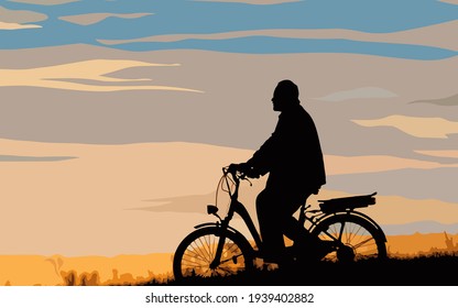 Male cyclist on the e-bike or electric bicycle on the sunset background slides down the hill. Black silhouette of the old man in profile. Active pension. Travel. Sport. Vector illustration.