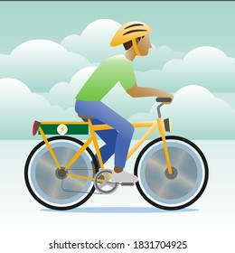 A male cyclist on an electric bicycle powered by sustainable electrcity. Vector Illustration.