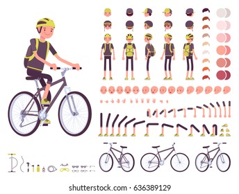 Male cyclist on sport bike character creation set. Full length, different views, emotions, gestures, isolated on white background. Build your own design. Cartoon flat-style infographic illustration