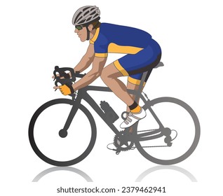 male cyclist racing on road, profile view, isolated on a white background