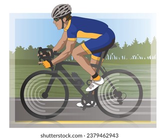 male cyclist racing on road, profile view, with scenery in background